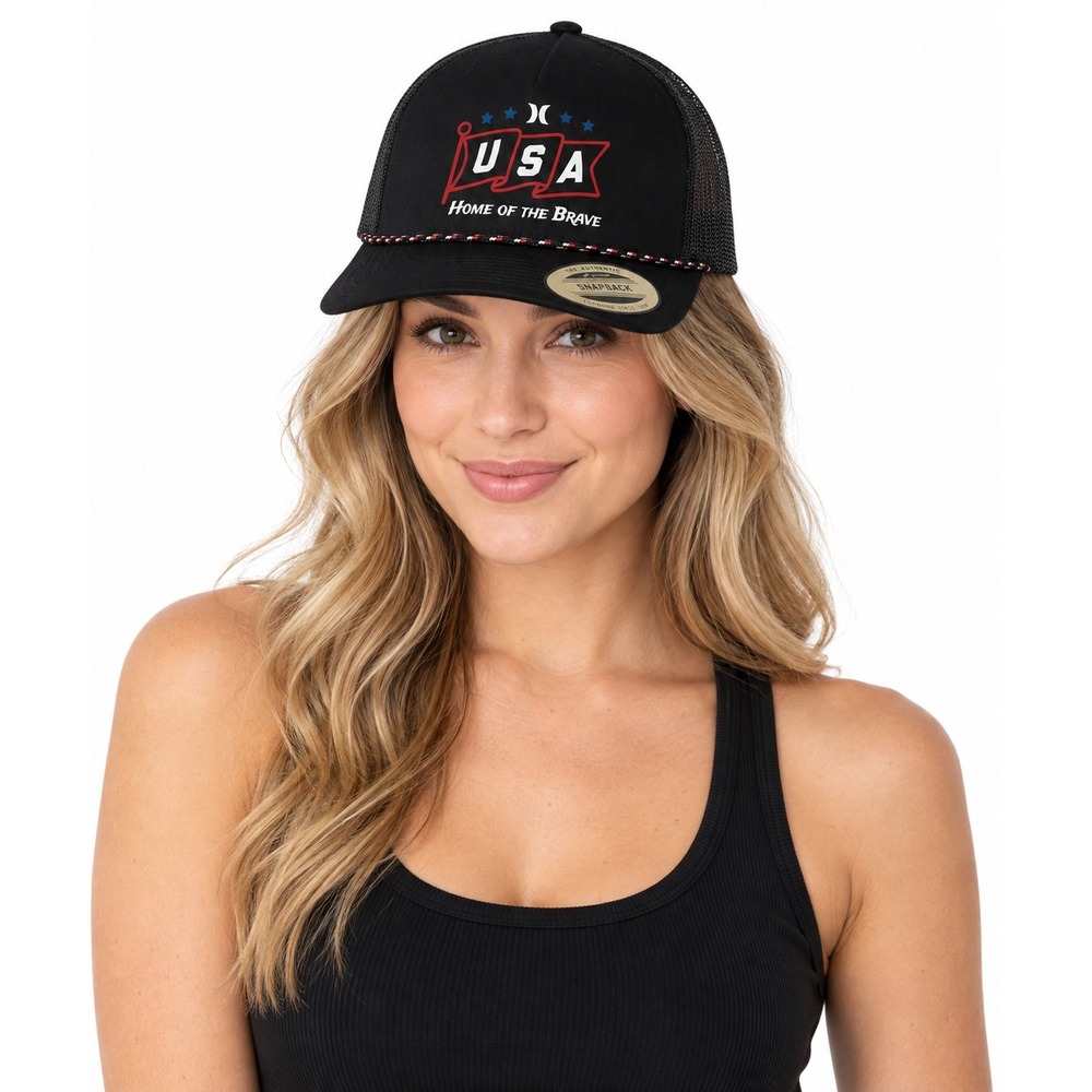 Hurley Born Brave 2.0 Trucker Hat Black USA Home of the Brave Snapback 110-85